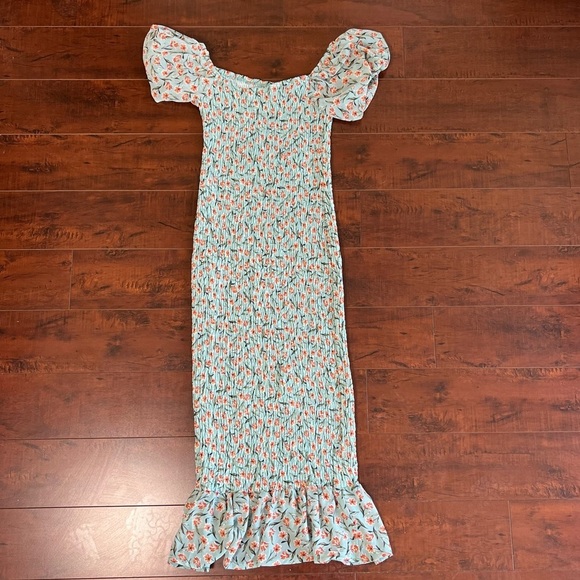 HELLO MOLLY Deep Feels Midi Dress Floral Ruched Green Off Shoulder Size 4 Boho - Picture 8 of 15